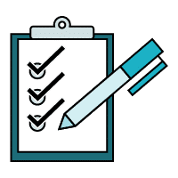 AI Transformation Consulting cartoon icon of a pen checking off boxes on a paper on a clipboard 