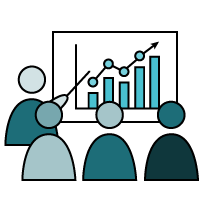 AI Transformation Consulting of a cartoon instructor showing a bar graph going up and to the right of an audience of 3 cartoon people 