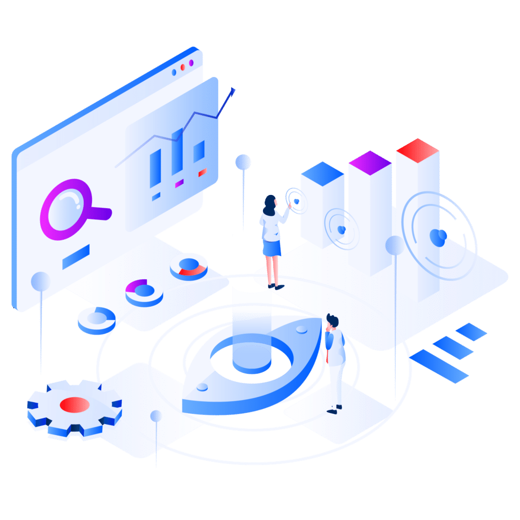 neural search engine solution cartoon graphic showing two scientists feeding information into a digital machine with a visualization showing on the big screen